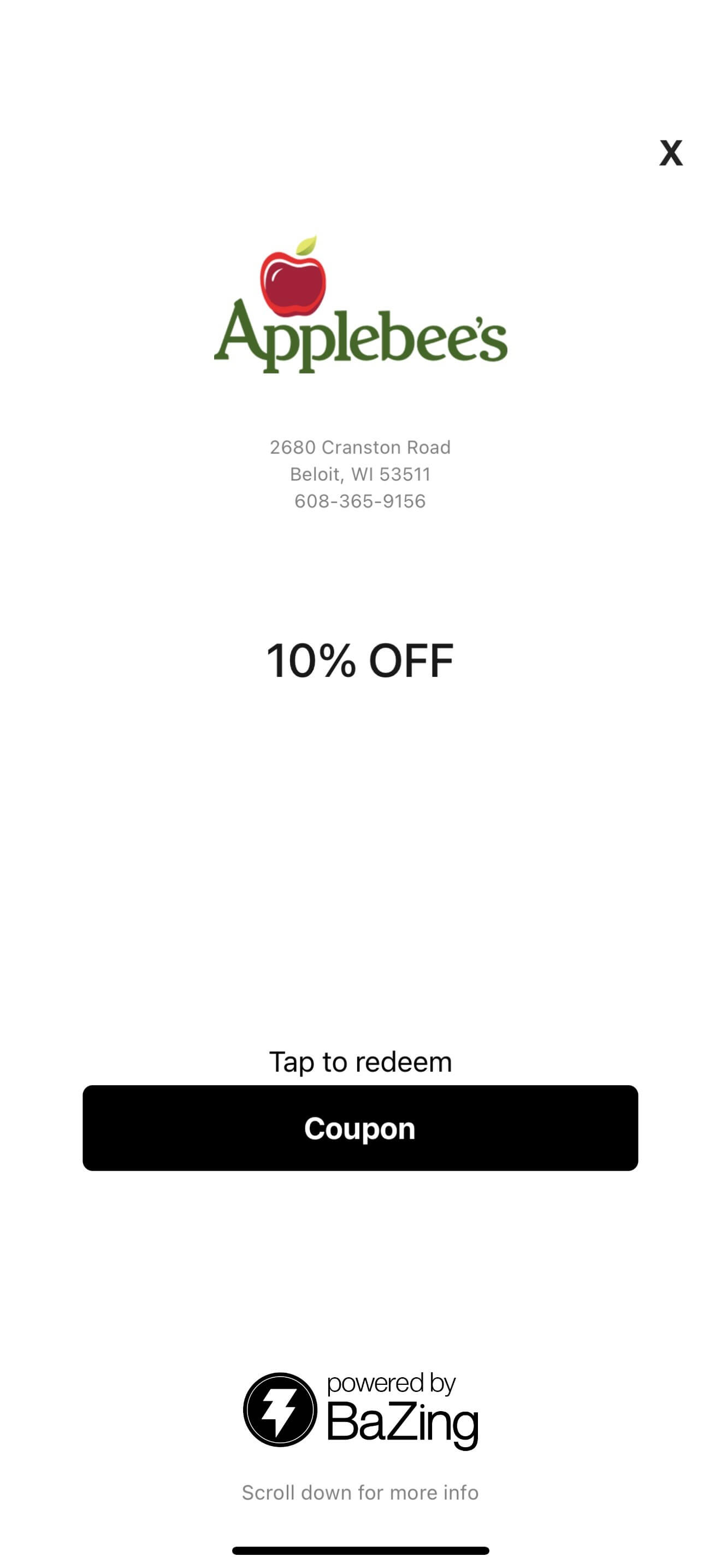 10 percent off Applebees coupon found on the BaZing app
