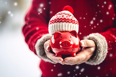 person in the snow holding a piggy bank wearing a winter hat