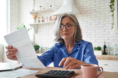 senior woman looking at statement with calculator