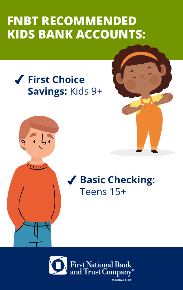 FNBT Recommended Bank Kids Bank Accounts:  First Choice Savings: Kids 9+  Basic Checking: Teens 15+