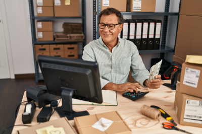 small business owner looking at his computer