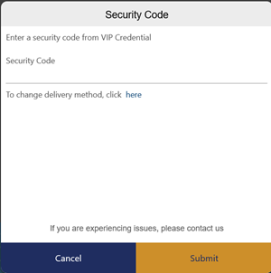 security code screen for token in online banking
