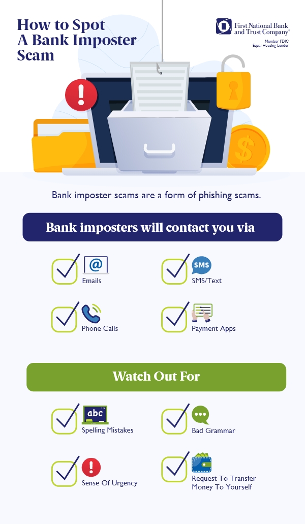 How to Spot a Bank Imposter Scam    Bank imposter scams are a form of phishing scams. Bank imposters will contact you via:    SMS/Text  Emails Phone Calls Payment Apps   Watch Out For:  Spelling Mistakes Bad Grammar  Sense of Urgency Request to Transfer Money to Yourself 