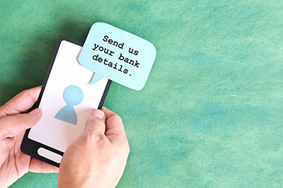 graphic representing a text message asking for bank info