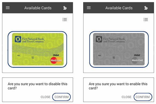 how to disable and enable cards in mobile app